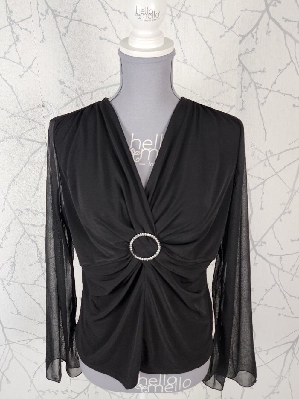 Laura Black Mesh Overlay Twisted Front Surplice Y2K Top
